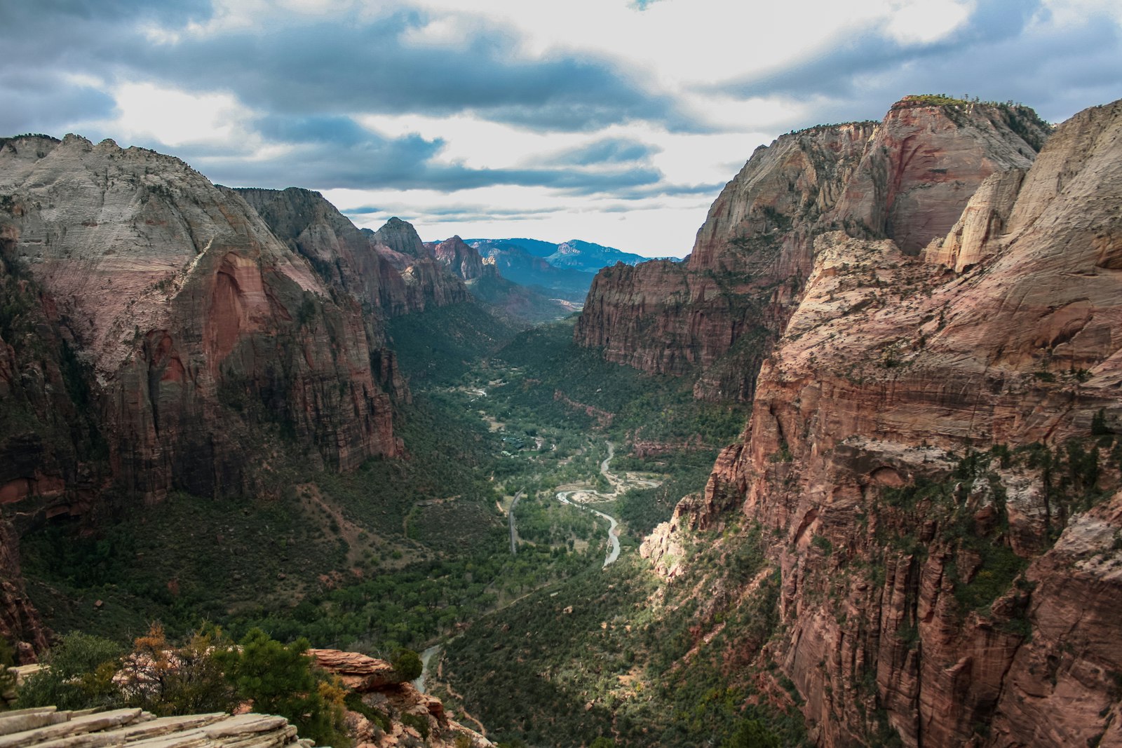View down Zion Canyon and the Virgin River from the summit of Angels Landing